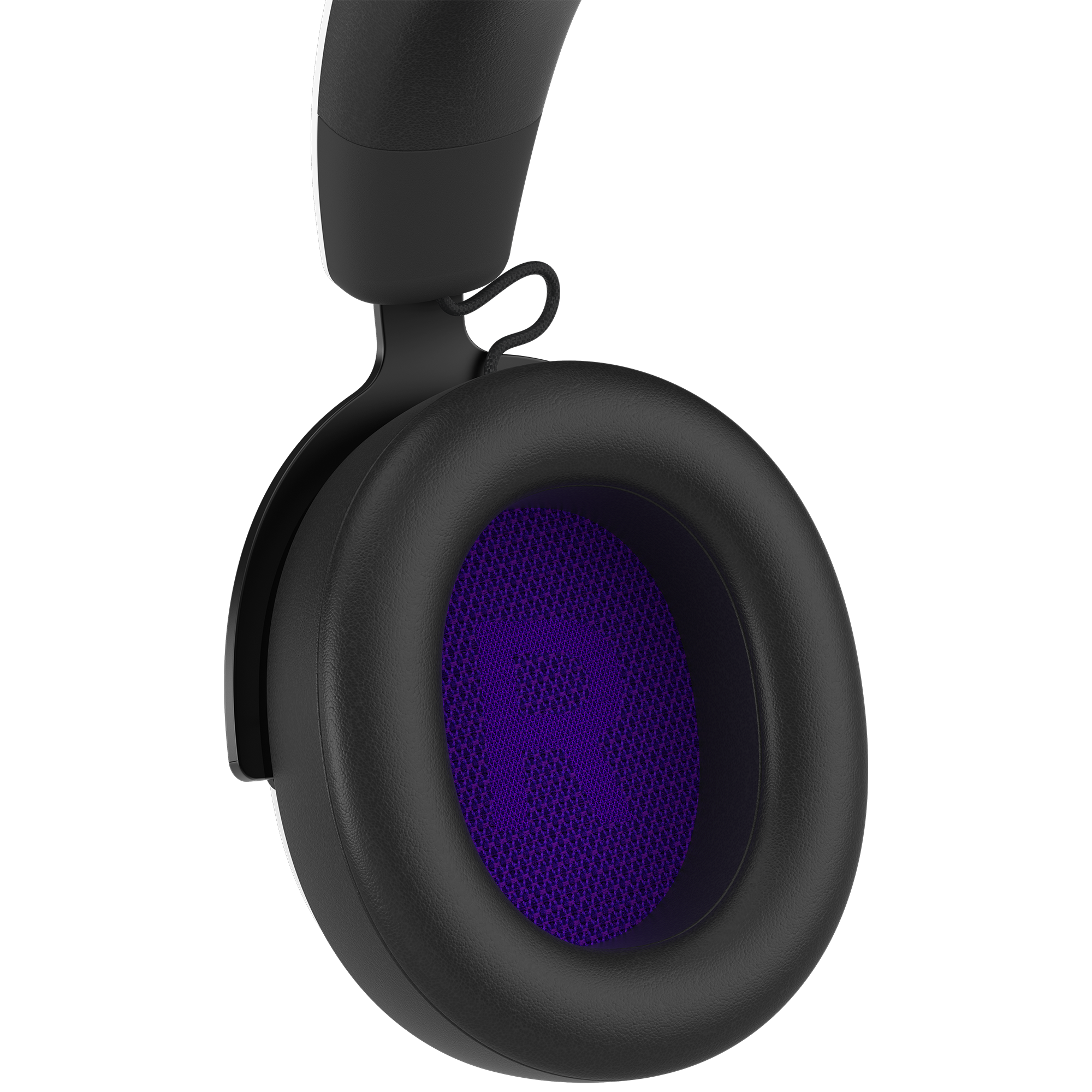 A close-up showcases NZXT’s Relay Headset, highlighting its black over-ear design with a purple mesh interior marked “R” on the right ear cup, engineered for immersive 3D spatial audio.