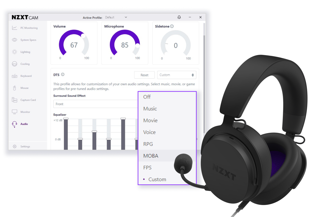 A screenshot of the NZXT CAM audio settings interface is shown alongside a black NZXT headset. The software displays volume, microphone, and sidetone controls, with a dropdown menu of audio profiles visible.