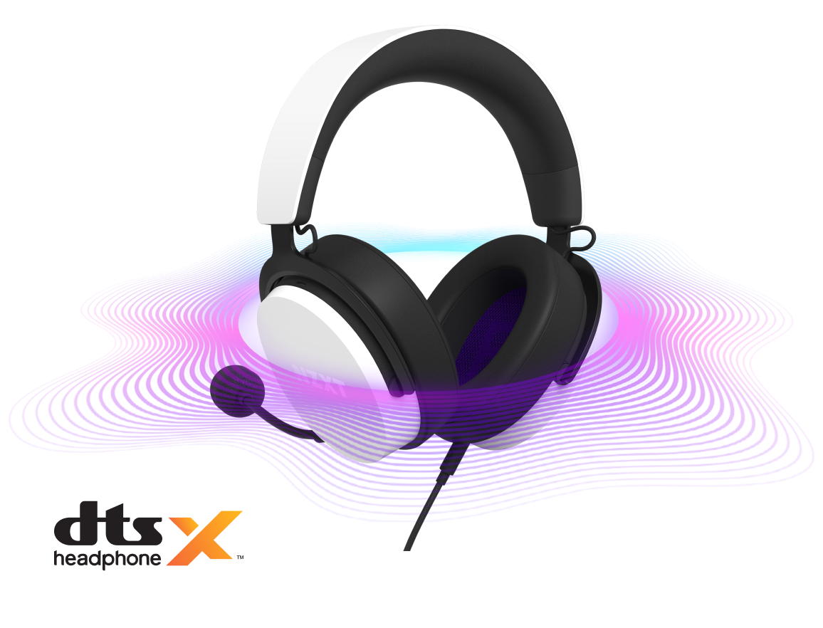 A black and white gaming headset with a microphone is shown in front of vibrant purple and blue sound waves. The dts X headphone logo appears in the bottom left corner.