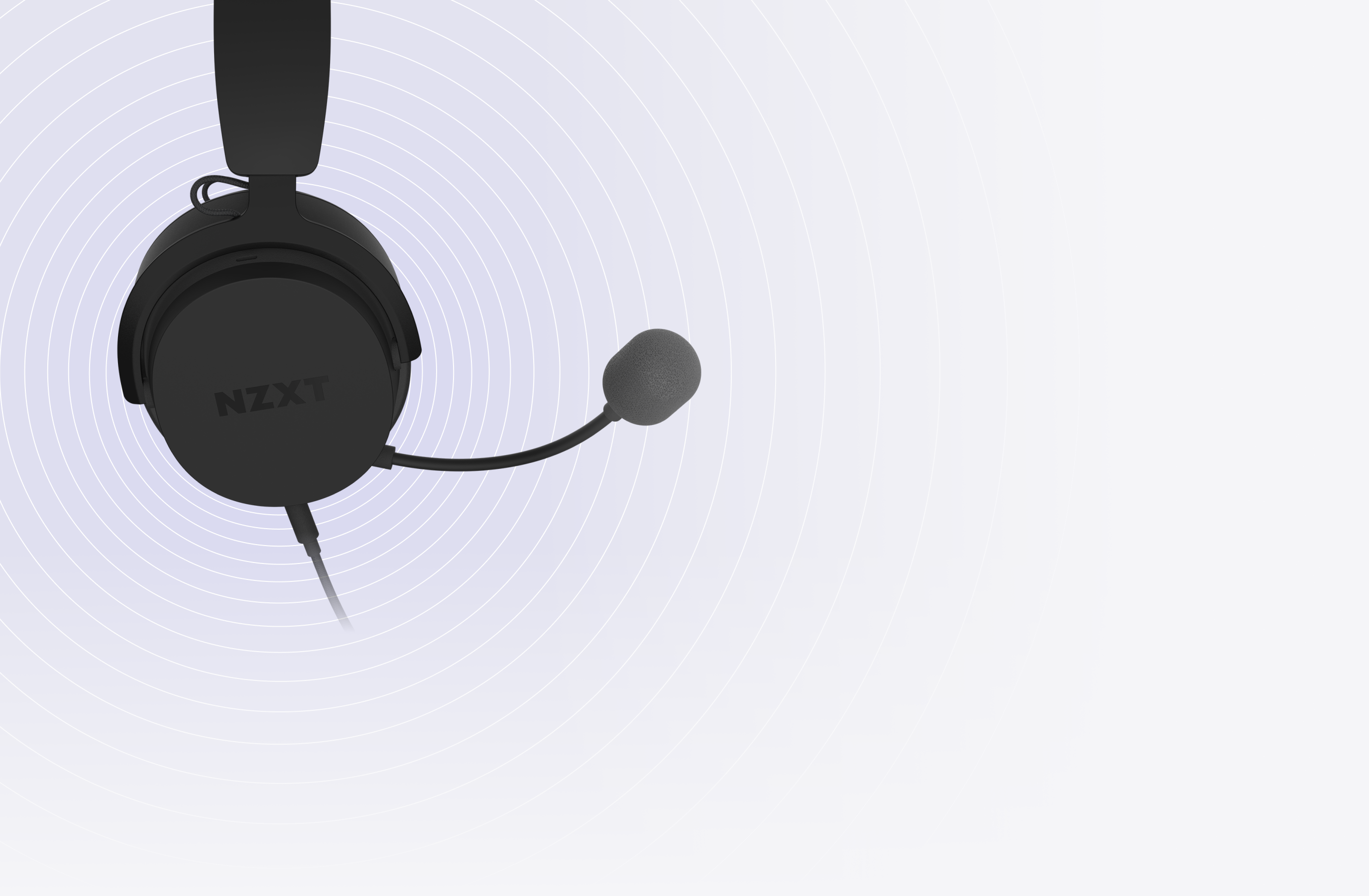A black NZXT gaming headset with a microphone is shown from above against a light background with concentric circles.