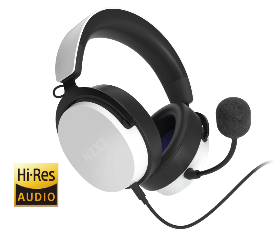 Black and white over-ear gaming headset with attached microphone and wired connection, shown next to a yellow and black “Hi-Res Audio” badge.