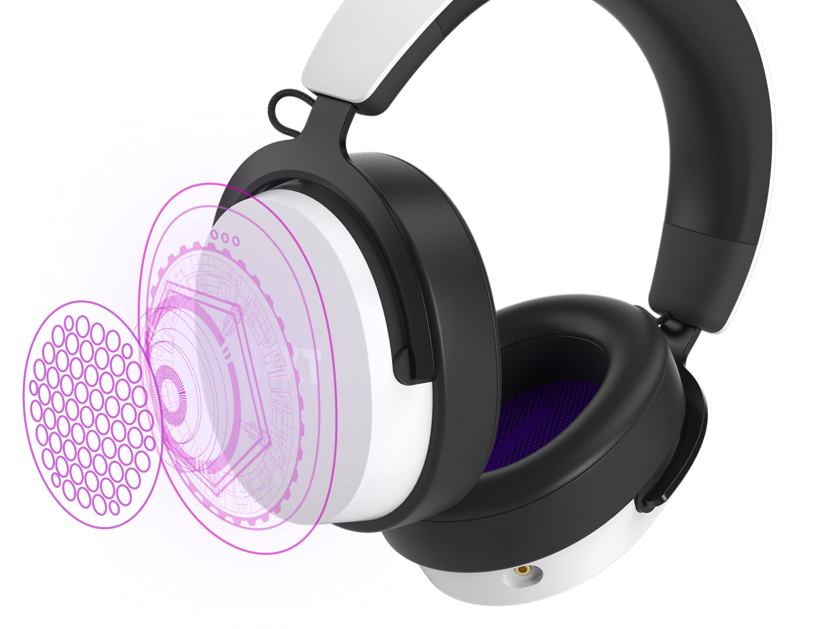 A black and white over-ear headphone is shown with a transparent purple overlay revealing internal speaker components and a circular mesh pattern, highlighting the technology inside the ear cup.