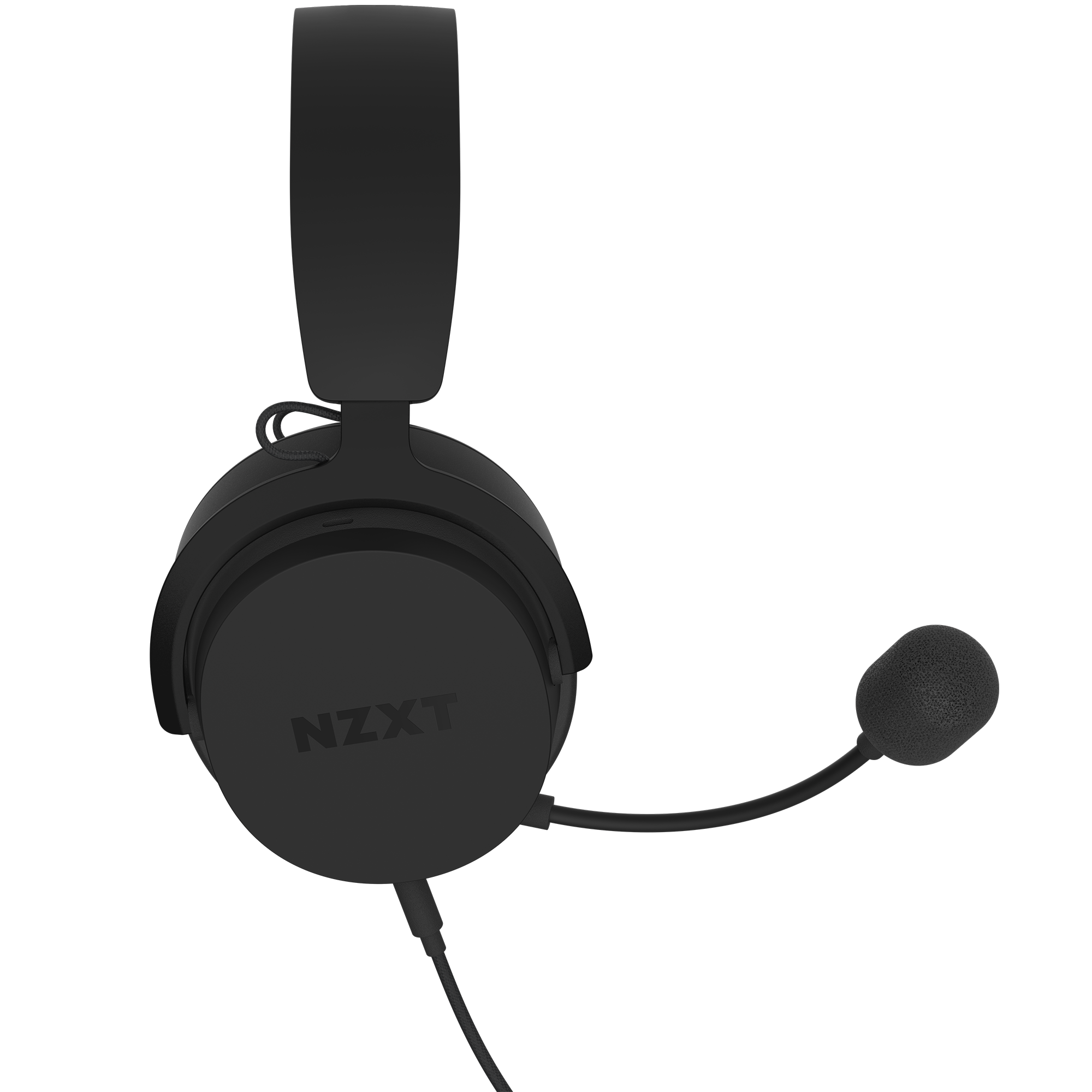 The NZXT Relay Headset features a black padded headband, circular ear cups with the NZXT logo, 3D spatial audio, and an adjustable boom microphone with a foam windscreen.