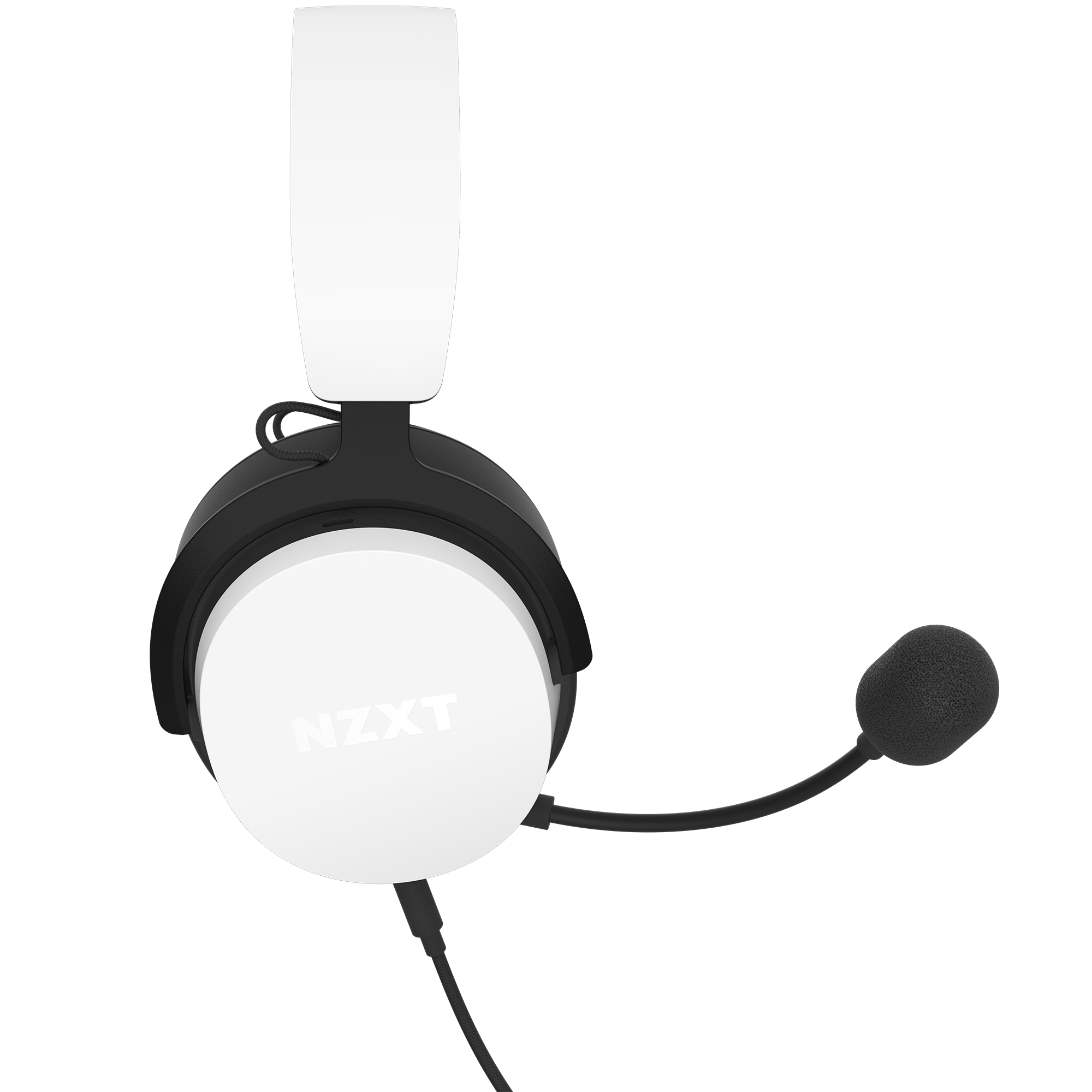 The NZXT Relay Headset, a white and black over-ear model with an adjustable microphone and Hi-Res Audio, is shown from above on a black background.