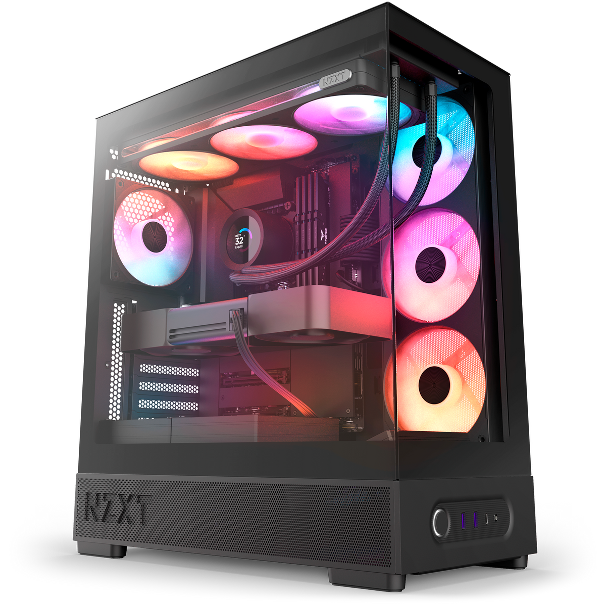NZXT S5 RGB Deluxe black shown in a completed build, with an AIO cooler and graphics card installed behind the panoramic glass. Components other than the case and its five pre-installed RGB fans are sold separately.