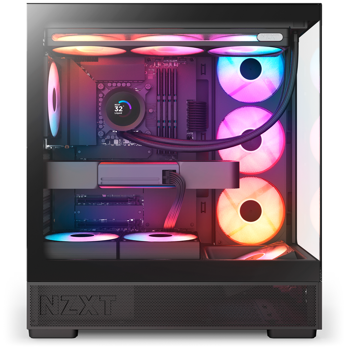 NZXT S5 RGB Deluxe black, left side tempered glass panel opening a panoramic view of the build