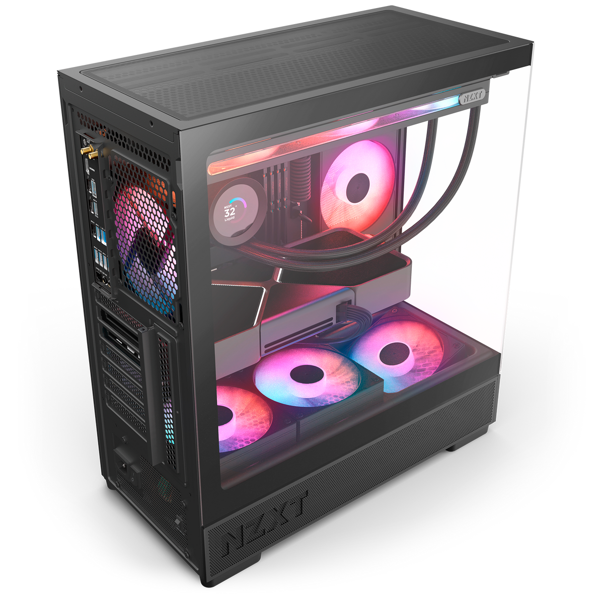 NZXT S5 RGB Deluxe black, overhead rear view of a completed build, with an AIO cooler and graphics card installed. Components other than the case and its five pre-installed RGB fans are sold separately.