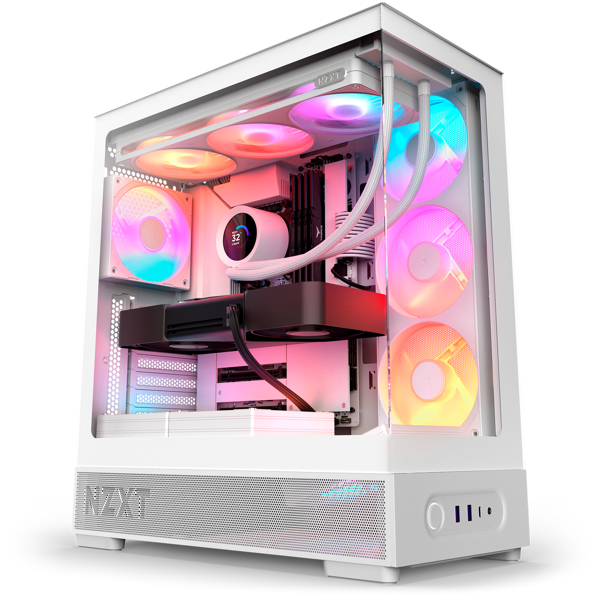 NZXT S5 RGB Deluxe white shown in a completed build, with an AIO cooler and graphics card installed behind the panoramic glass. Components other than the case and its five pre-installed RGB fans are sold separately.