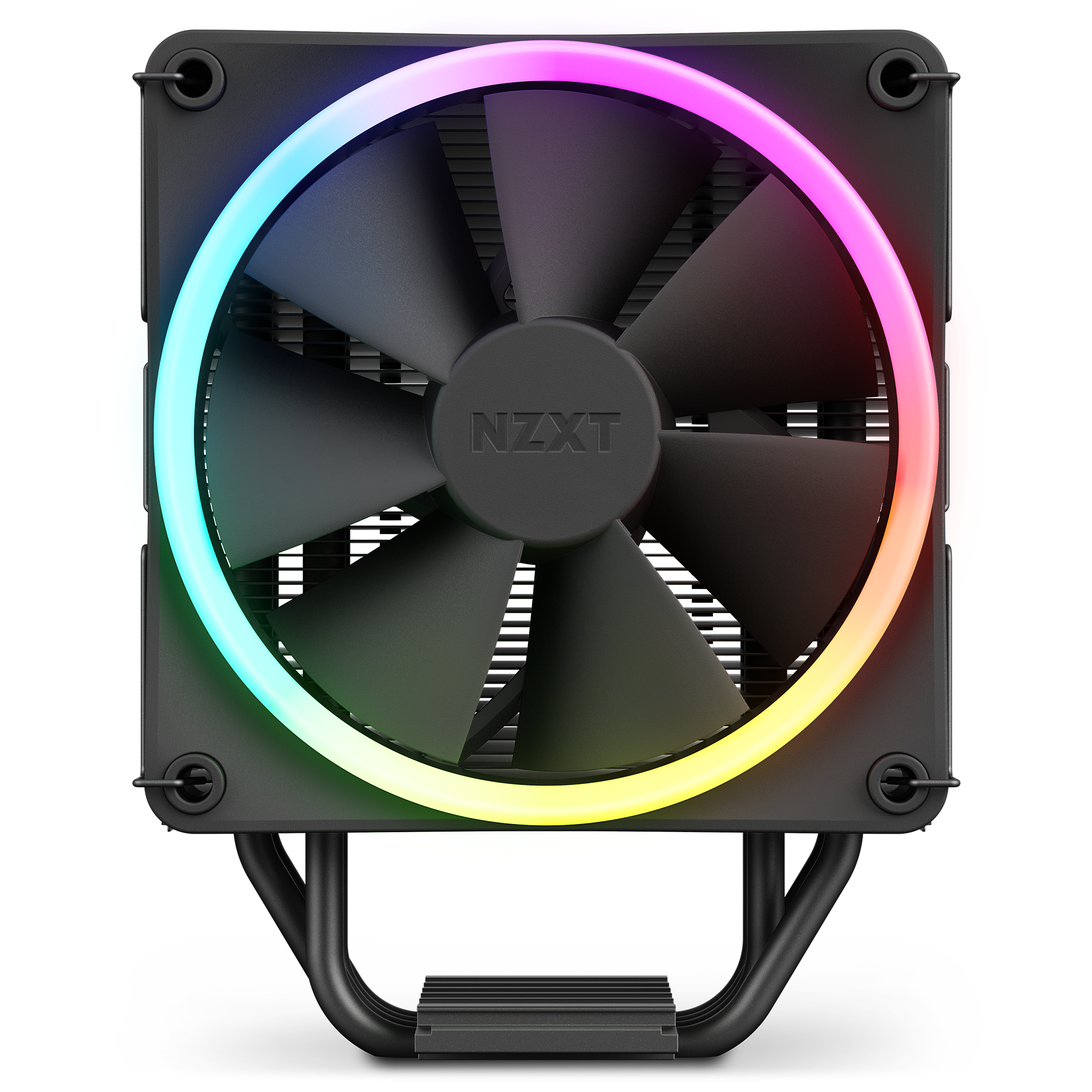 The NZXT T120 RGB is a black computer cooling fan with vivid circular RGB lighting around the blades, displaying a gradient of blue, green, yellow, and pink to boost thermal performance.