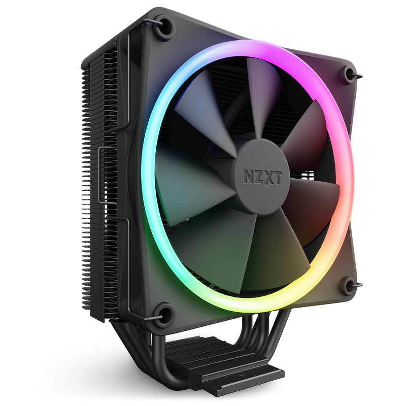 The NZXT T120 RGB is a black air cooler featuring a large fan and circular RGB LED lighting, displaying a vibrant gradient of colors around the fan’s edge for enhanced visual appeal.
