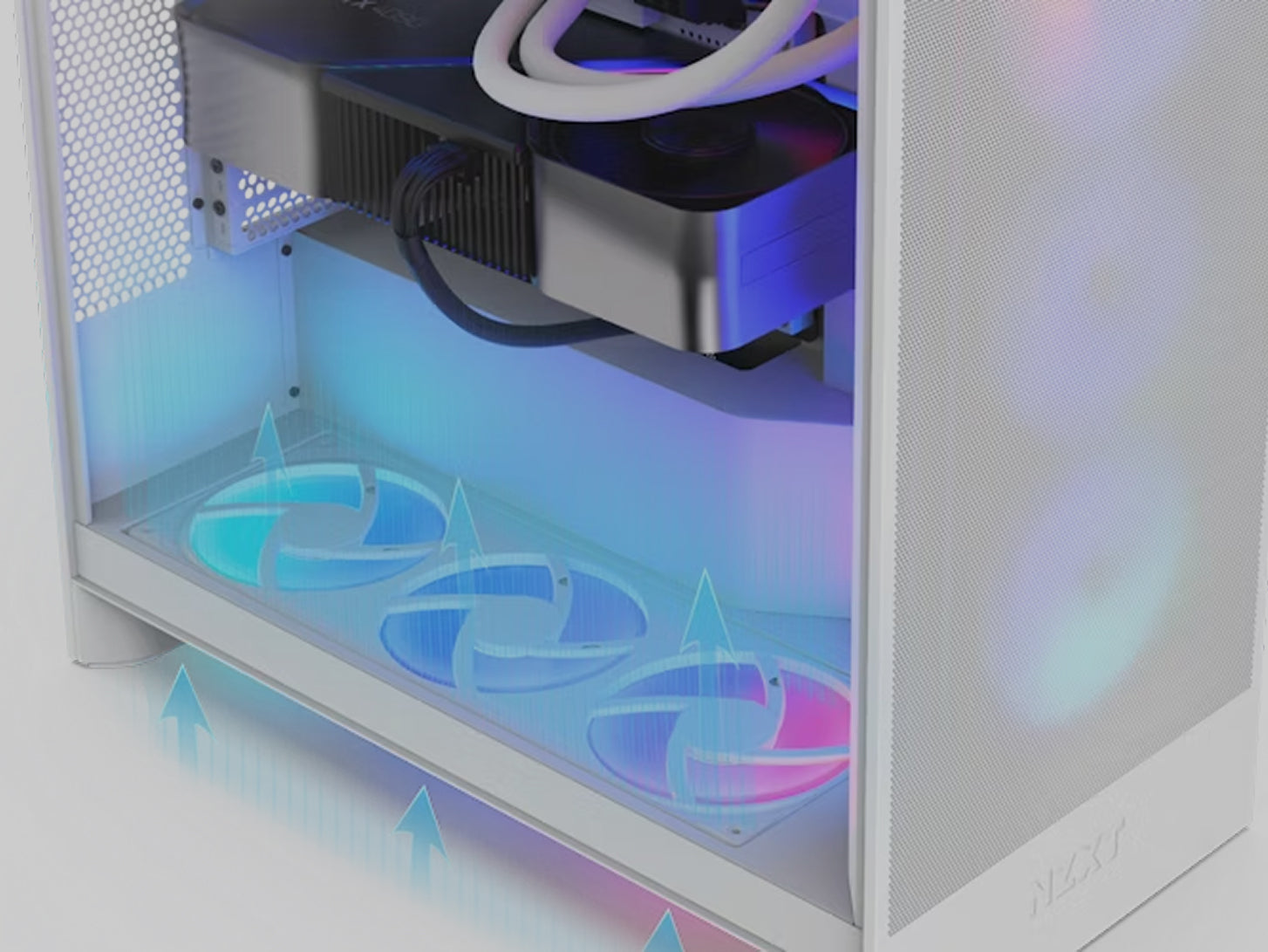 A close-up of a white computer case with RGB lighting, showing three illuminated cooling fans at the bottom, liquid cooling tubes, and a large graphics card. Blue arrows illustrate airflow moving upward inside the case.