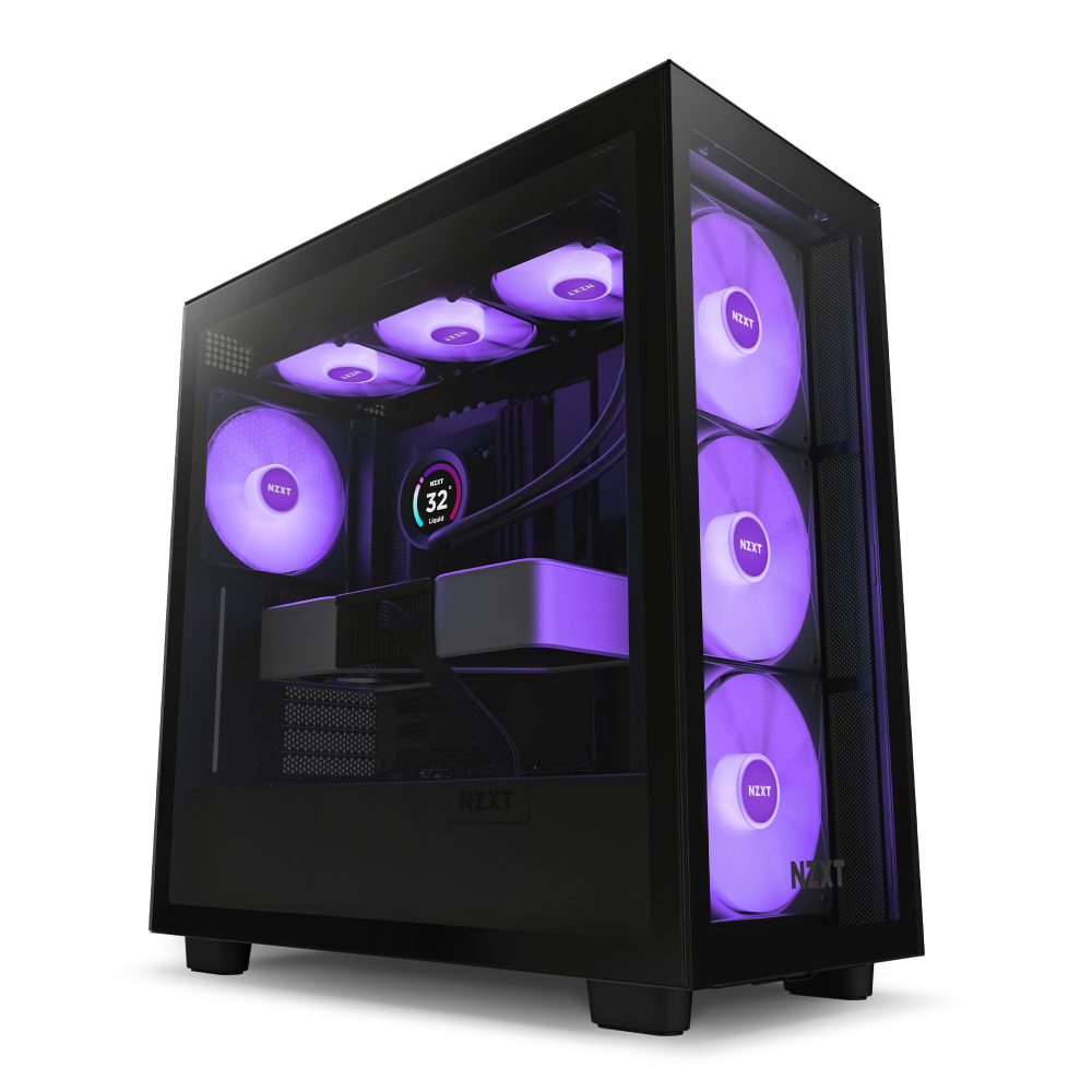 The NZXT H7 Elite gaming PC features a sleek black design with tempered glass front and side panels, displaying multiple purple-lit RGB Core Fans, an illuminated digital display, and bold NZXT branding.