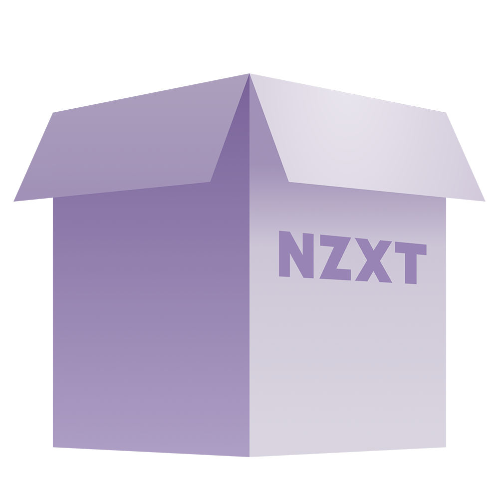 A large, light purple NZXT BLD box from the Gaming PC RMA Packaging Materials (H7/H710 2021-2023 Series), featuring stylized shading and NZXT branding on one side.
