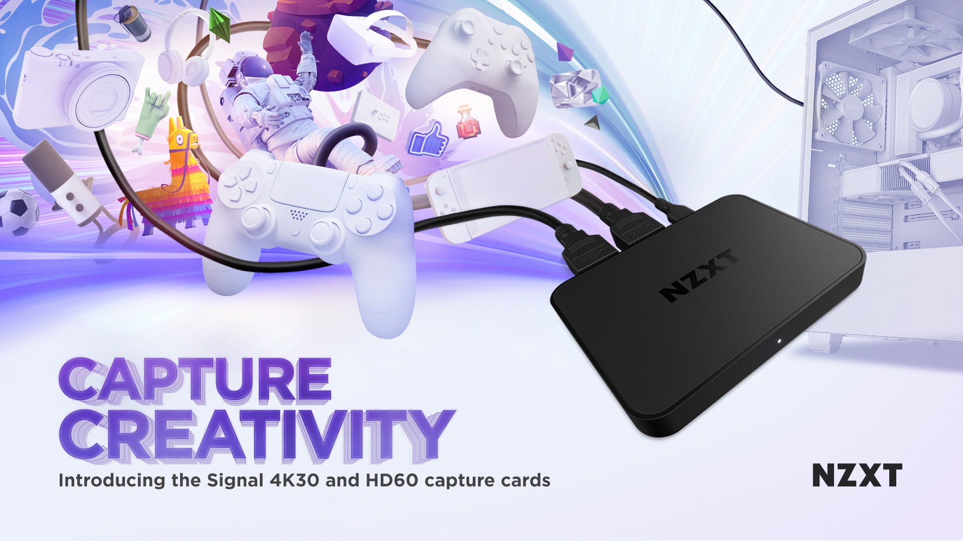 Signal Capture card floating to the right of an NZXT System  with streaming equipment and game consoles  to the left