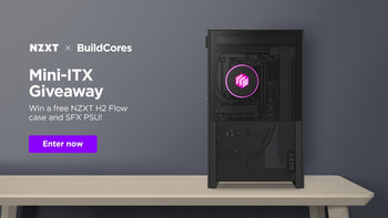 NZXT H2 Flow Mini-ITX case on a desk beside the C850 SFX Gold PSU — NZXT x BuildCores giveaway prize.