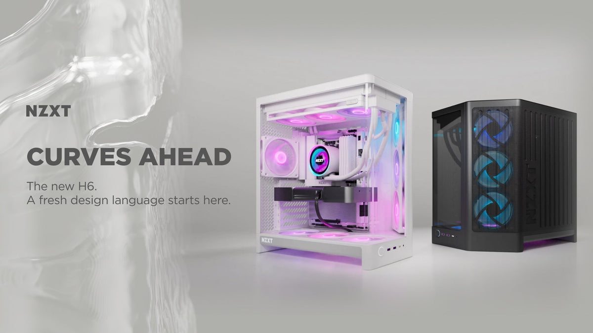 White and black NZXT H6 cases with RGB fans beside the text Curves Ahead. The new H6.