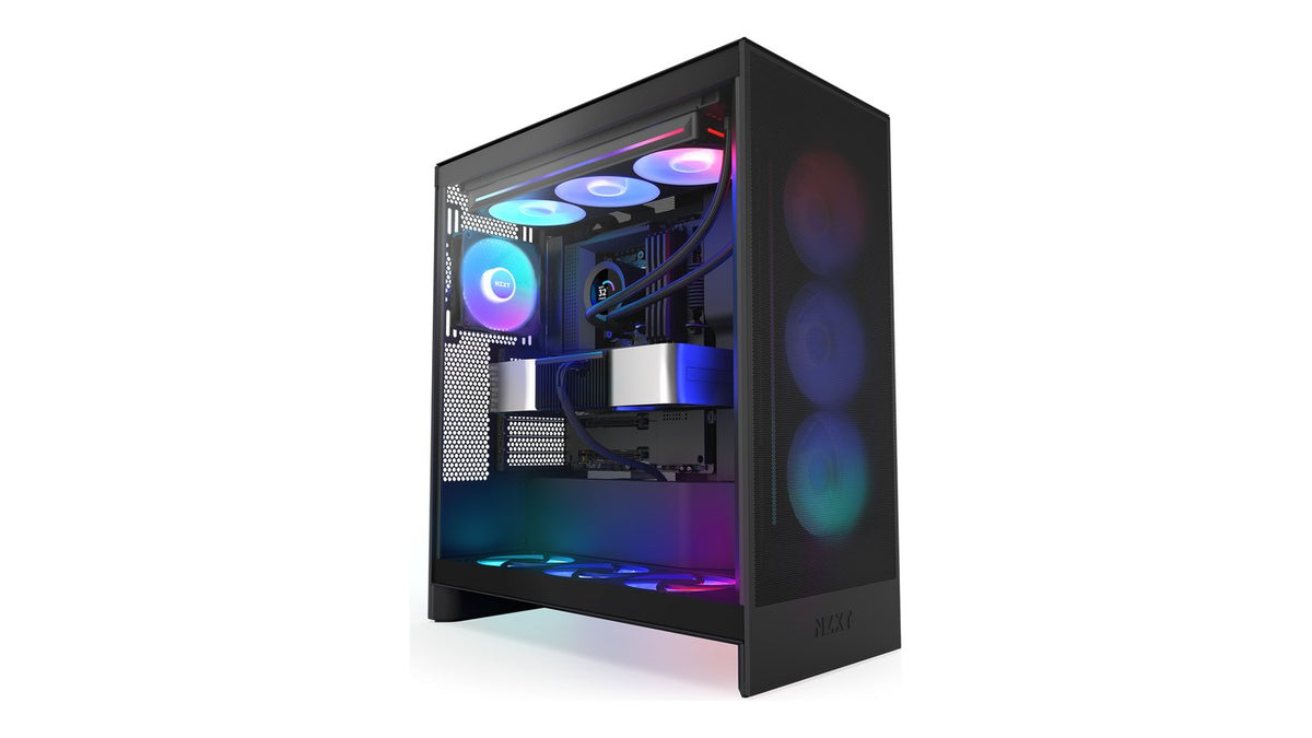 Black NZXT dual-chamber case with an AIO liquid cooler and blue and pink RGB fans, angled view