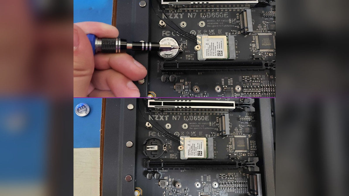 NZXT N7 B650E motherboard: a tool lifting out the CMOS coin battery, then the empty battery socket