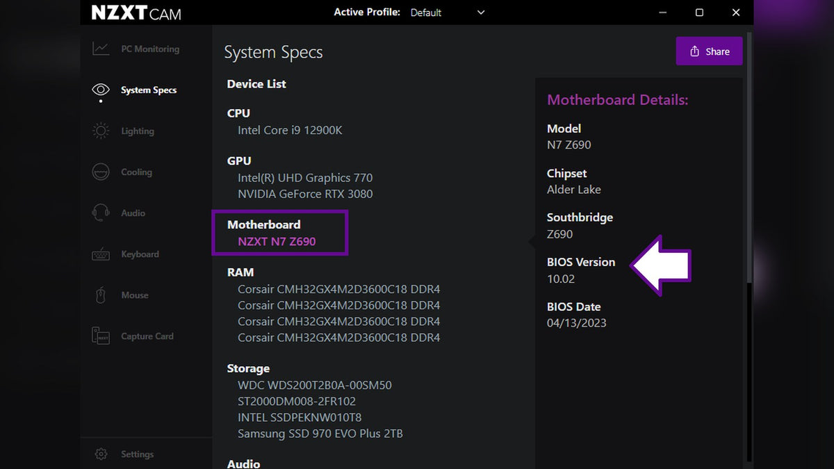 NZXT CAM System Specs screen showing an NZXT N7 Z690 motherboard and BIOS version 10.02