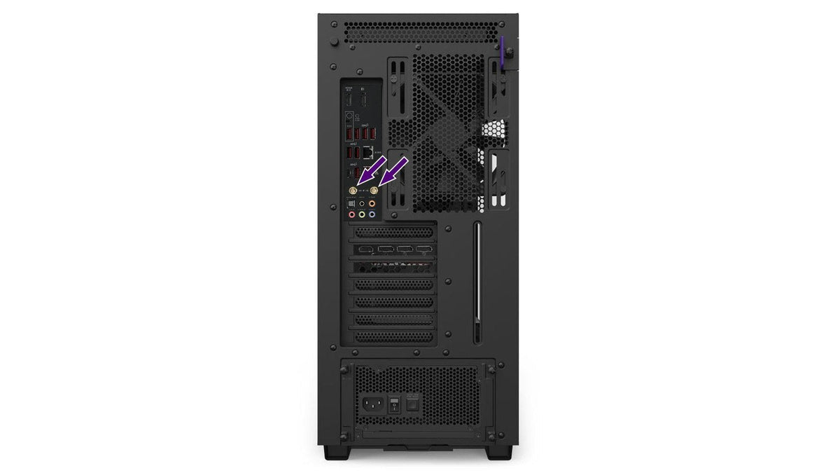 Rear of a black NZXT tower case with arrows pointing to the WiFi antenna connectors on the motherboard I/O