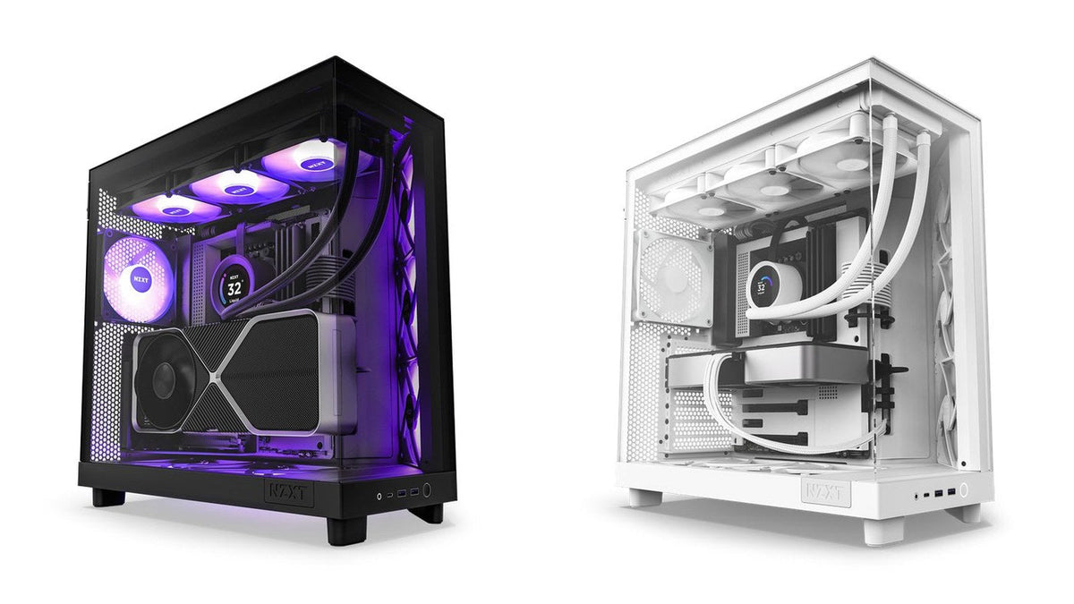 Black and white NZXT dual-chamber cases, each with an AIO liquid cooler, RGB fans and a graphics card