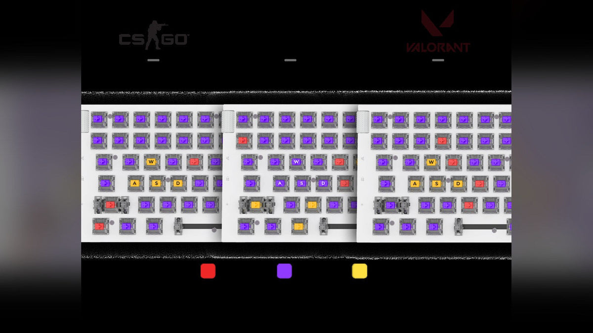 Keyboard switch layouts for CS:GO and Valorant, with red, purple, and yellow switches mapped to WASD and key binds