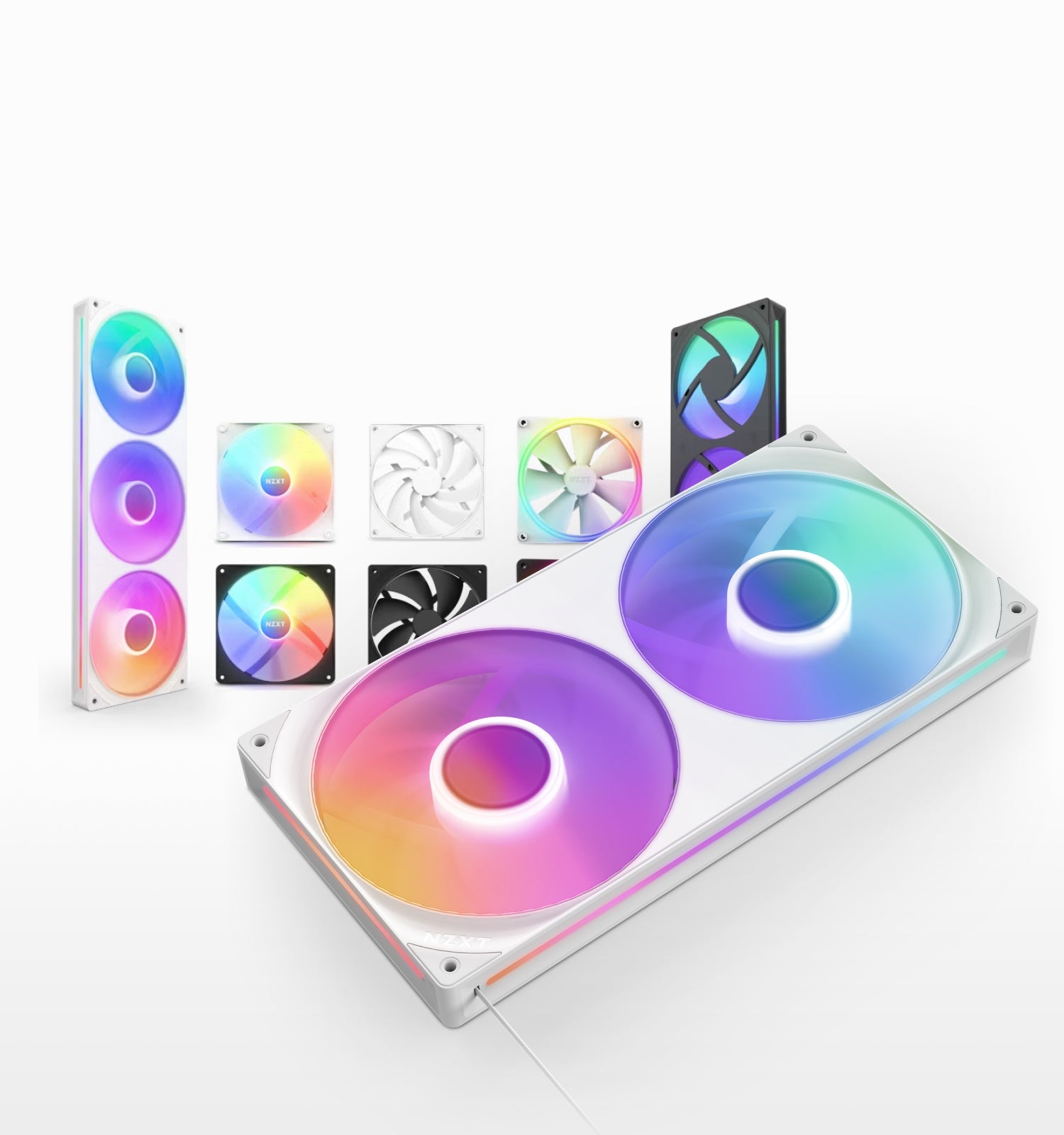 Computer cooling fans with RGB lighting in various colors and styles are displayed against a white background. The fans feature both white and black frames, with vibrant illuminated rings.