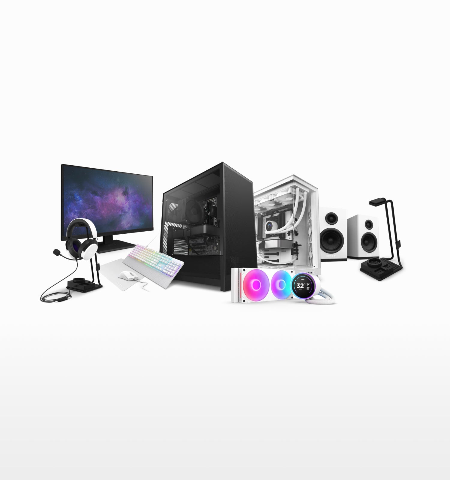 NZXT ecosystem featuring PC cases, coolers, peripherals, and accessories