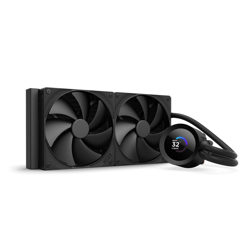 The NZXT Kraken Plus 280 is a black dual-fan liquid CPU cooler with a custom LCD screen on the pump displaying 32°C in Silent mode. The radiator, NZXT Turbine pump, and tubing are visible beside the pump unit.