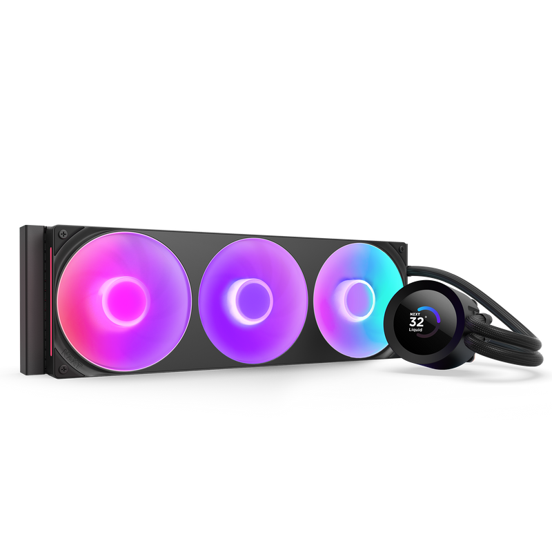 The NZXT Kraken Plus 360 RGB is an AIO liquid cooler with three RGB fans and a circular pump featuring an LCD screen showing a 32°C temperature, all linked by sleek black tubing.