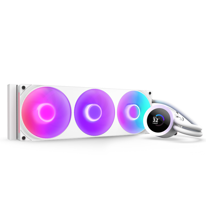 The NZXT Kraken Plus 360 RGB is a white AIO liquid cooler with three vibrant RGB fans and a custom LCD pump screen showing “32°.” Its pink, purple, and blue lighting is easily controlled via NZXT CAM software.