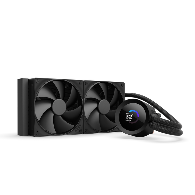 The NZXT Kraken Plus 240 is a liquid CPU cooler with dual black RGB fans, a radiator, and a circular Turbine pump featuring an LCD display showing a temperature of 32°C.