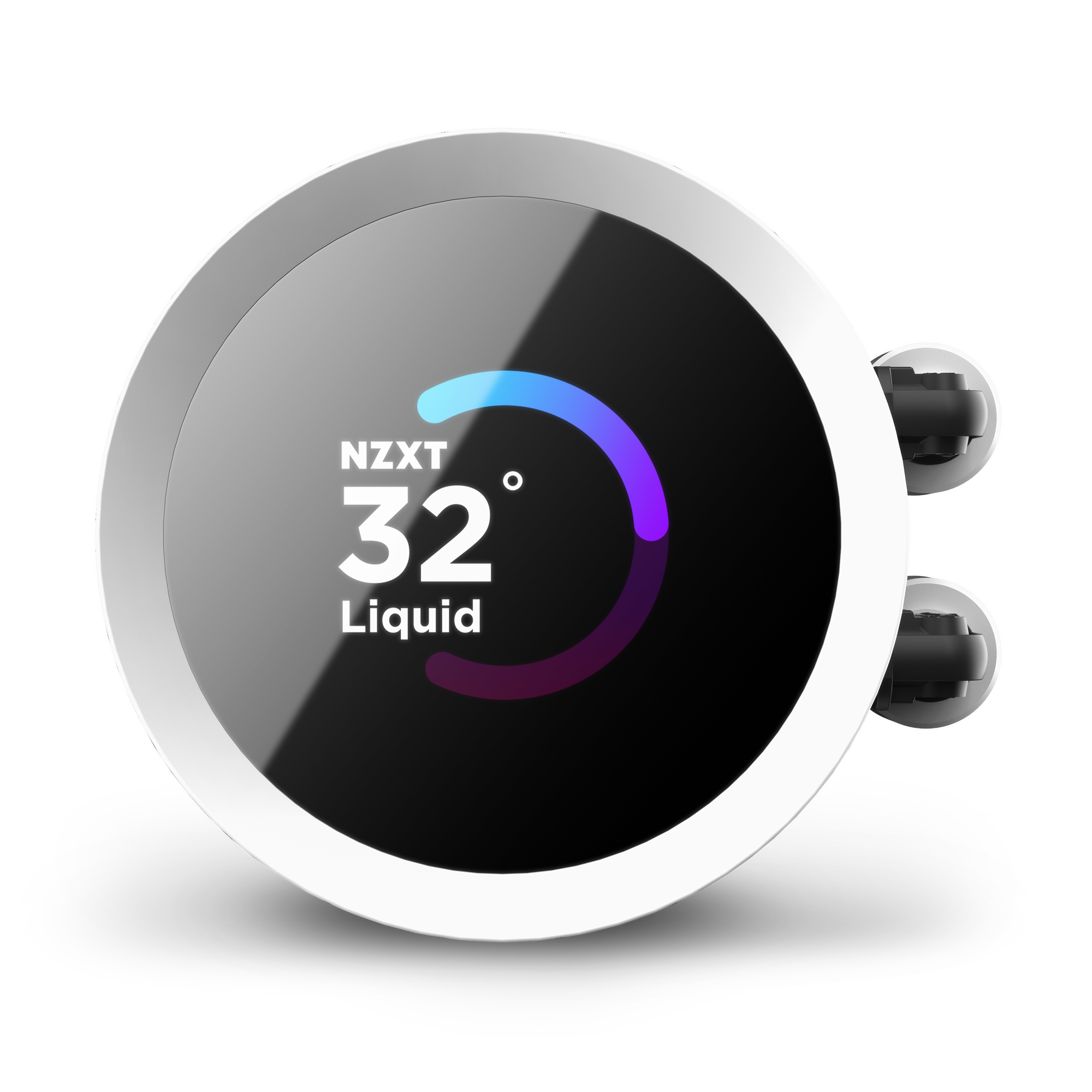 The NZXT Kraken 360 RGB features a circular LCD display showing 32° liquid temperature with a colorful gauge, managed by NZXT CAM software and accented by a sleek silver bezel for optimal cooling.