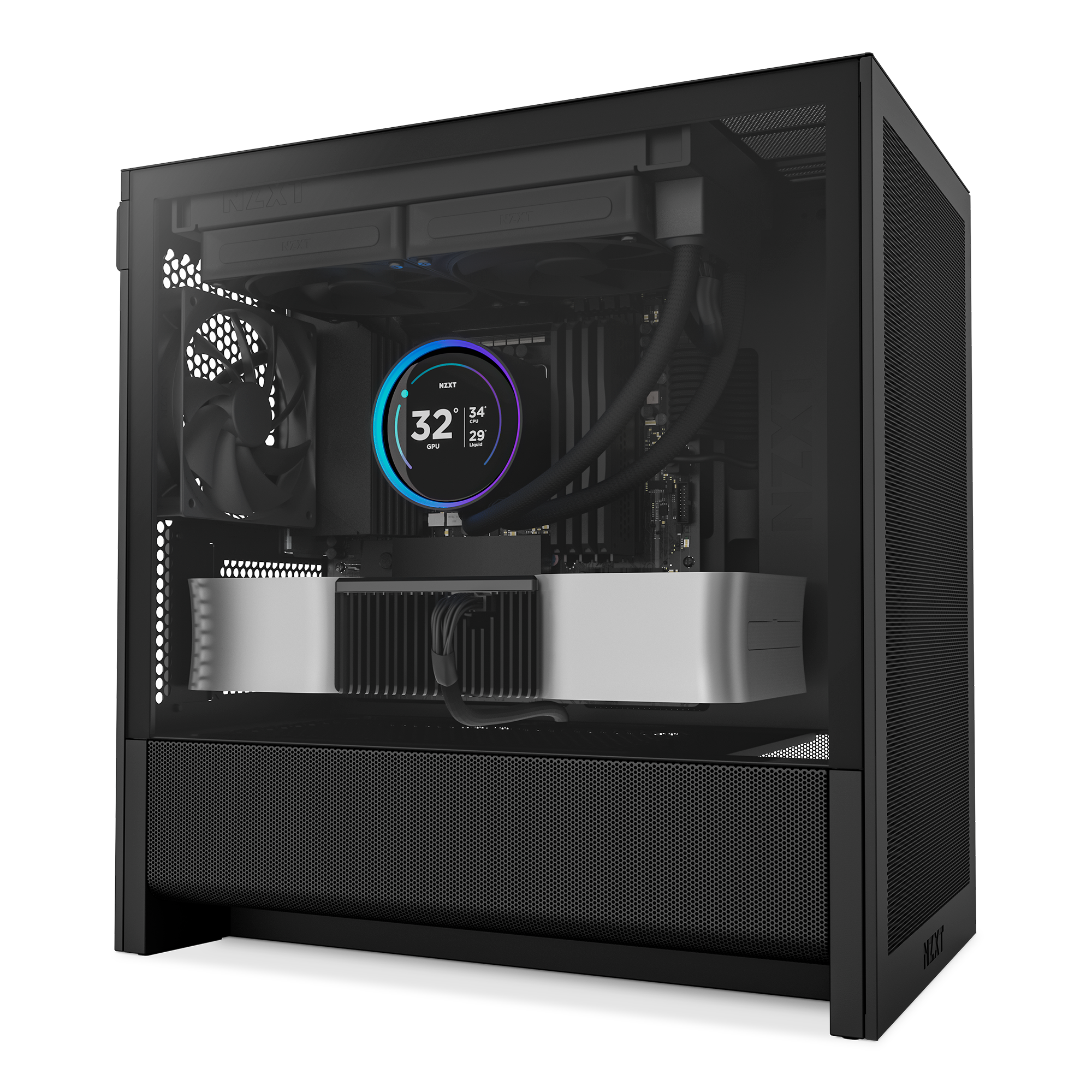 A sleek, black gaming PC with a transparent side panel displays internal components, including a cooling fan with a digital temperature display reading 32°C and a large graphics card.