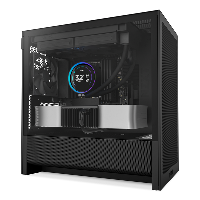 A sleek, black gaming PC with a transparent side panel displays internal components, including a cooling fan with a digital temperature display reading 32°C and a large graphics card.