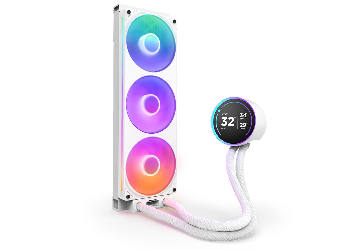 A white liquid CPU cooler with three RGB-lit fans and a circular digital display on the pump, connected by braided white tubing. The display shows CPU and liquid temperatures.