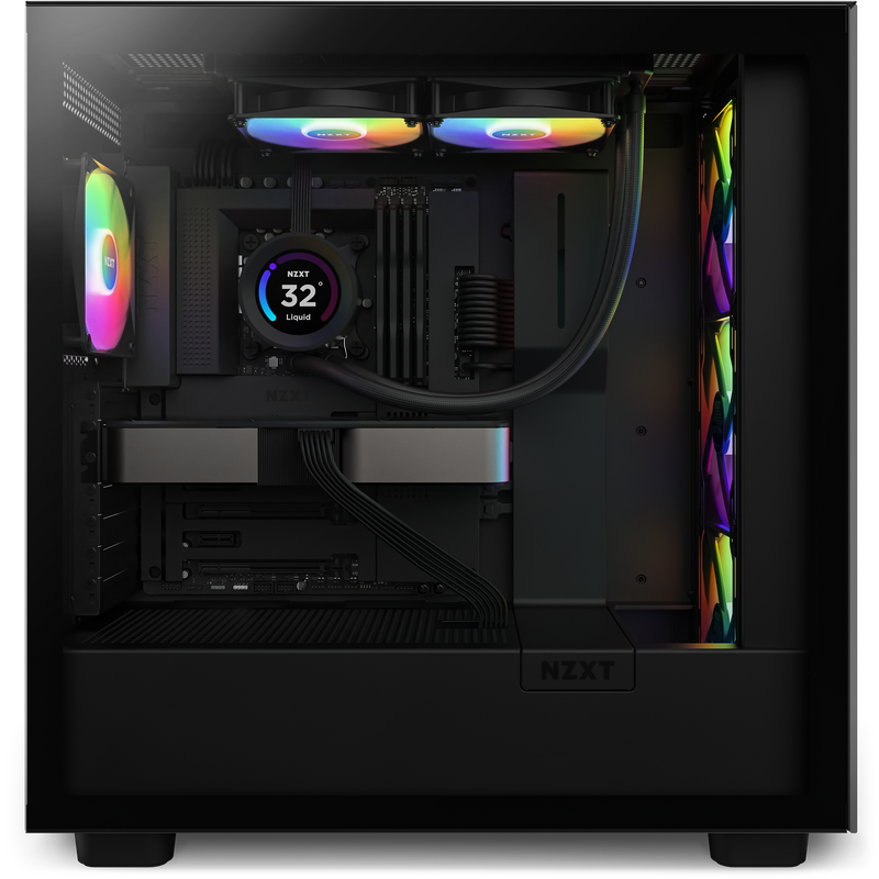 A side view of an NZXT desktop gaming PC featuring the Kraken Elite 240 RGB (2023) liquid cooling system, RGB lighting, illuminated cooling fans, and visible internal components inside a black NZXT case.