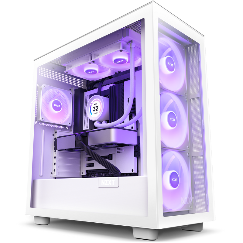 The NZXT Kraken Elite 240 RGB (2023) showcases vibrant RGB-lit cooling fans and glowing internal components, all visible through the glass side panel of your white NZXT gaming PC case.
