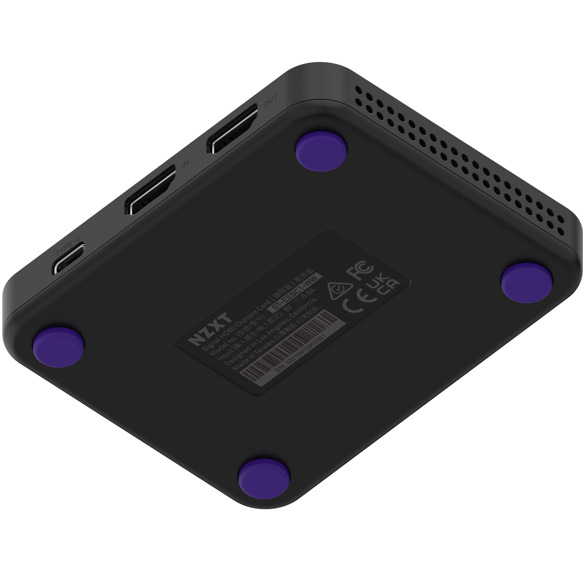 The image shows the bottom of NZXTs Signal HD60, a compact black capture card with four purple feet, side vents, and multiple ports on one edge—perfect for 4K60 recording and zero-lag passthrough.