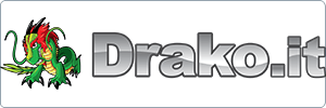 Logo with a green and yellow dragon next to the bold, silver text Drako.it on a white background.