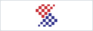 Two clusters of red and blue checkerboard squares, each forming an abstract shape, appear diagonally from each other on a white background. The red cluster is at the top left and the blue cluster is at the bottom right.