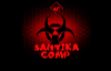 A red and black graphic with a biohazard symbol in the center, hexagonal pattern background, SANTIKA COMP in bold red letters below, and a small diamond-shaped SC logo at the top.