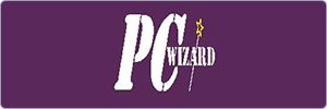 Logo with the text PC Wizard on a purple background. PC is large and white, while Wizard appears smaller with a wizards wand forming the letter I and a yellow star at the wand’s tip.