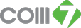 Logo with the text COM in gray, followed by a green geometric shape with a white cutout, resembling the number 7, all on a black background.