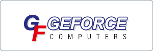 Logo for GeForce Computers featuring large, overlapping blue G and red F letters to the left, with GEFORCE in bold blue text above COMPUTERS in black.
