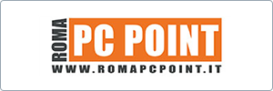 Logo for Roma PC Point with bold orange and white text. PC POINT is centered in large letters, ROMA is vertically aligned on the left, and the website www.romapcpoint.it is below in black letters.