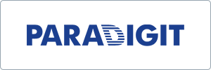 The image displays the word PARADIGIT in bold blue capital letters on a white background, with a stylized letter D formed by blue horizontal lines.
