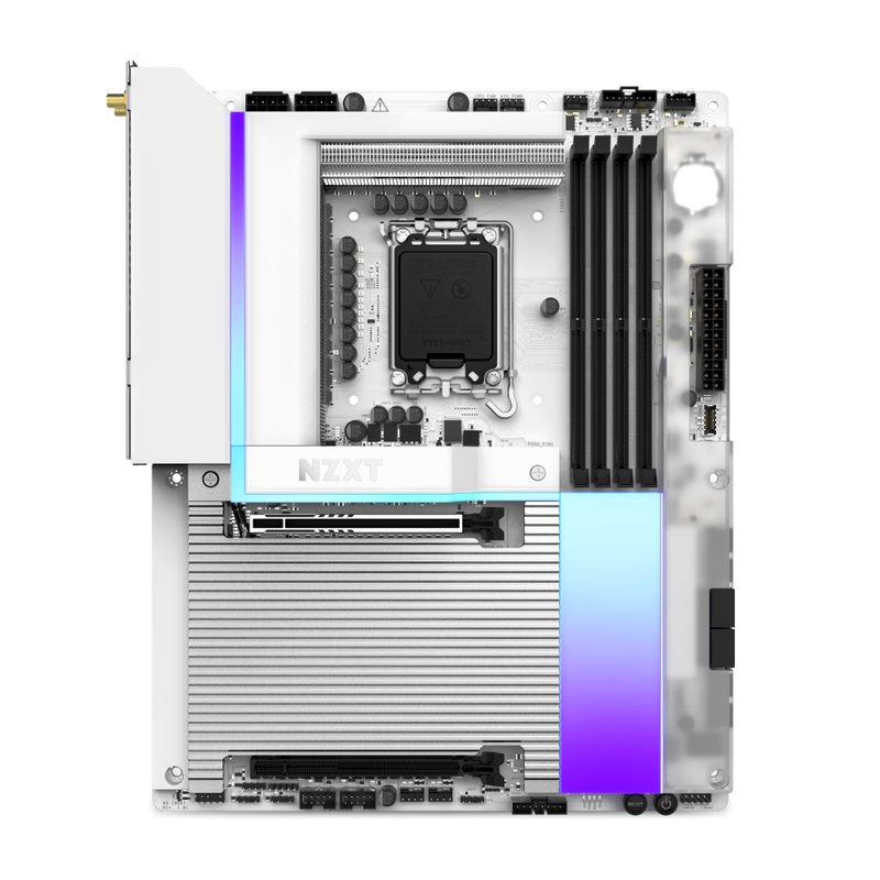 The NZXT N9 Z890 motherboard has a white design with silver heatsinks, black RAM slots, PCIe 5.0 support, and RGB lighting in purple and blue. Multiple ports, connectors, and slots are visible across the board.