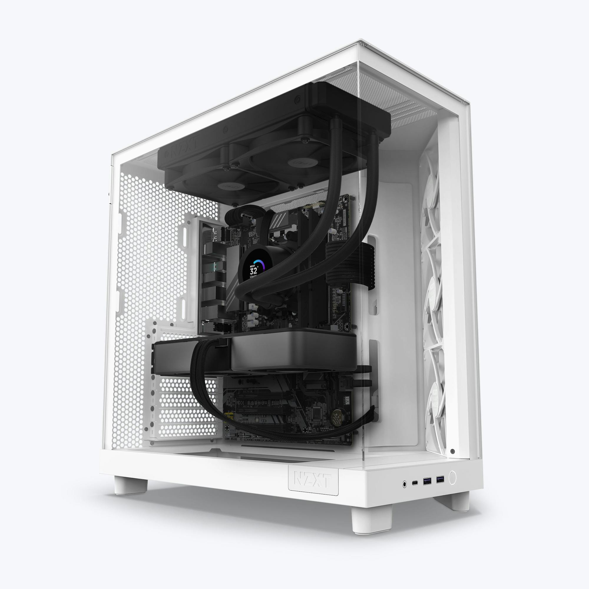 The NZXT Refurbished Player Two Base - #8553 is a white desktop PC case with a transparent side panel, liquid cooling, an RGB CPU cooler, neat black cables, and three vertically-mounted white fans on the right.
