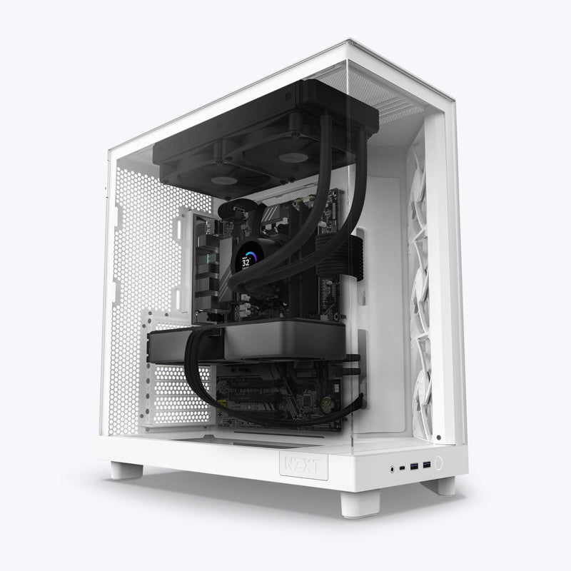 The NZXT Refurbished Player Two Base - #8553 is a white desktop PC case with a transparent side panel, liquid cooling, an RGB CPU cooler, neat black cables, and three vertically-mounted white fans on the right.